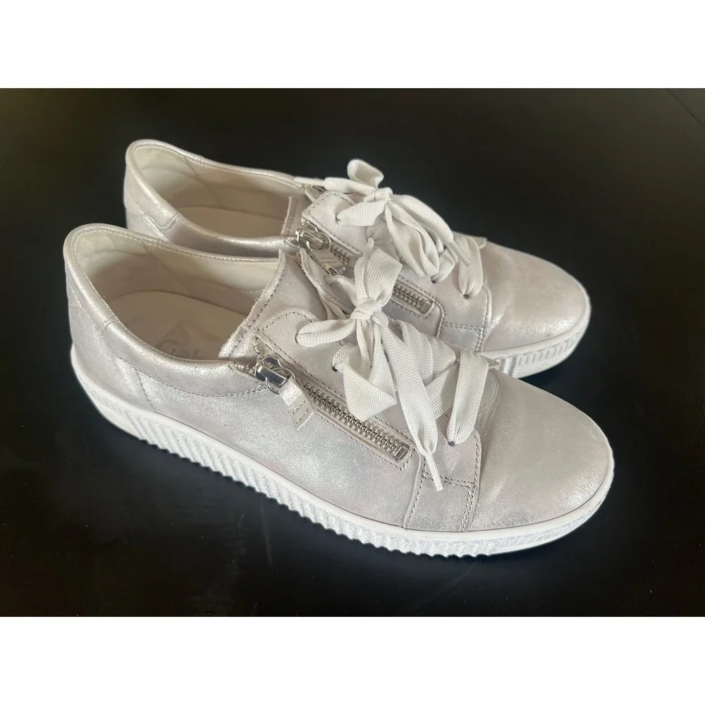 Gabor Best Fitting Silver Metallic Leather Side Zip Platform Sneakers Shoes 6